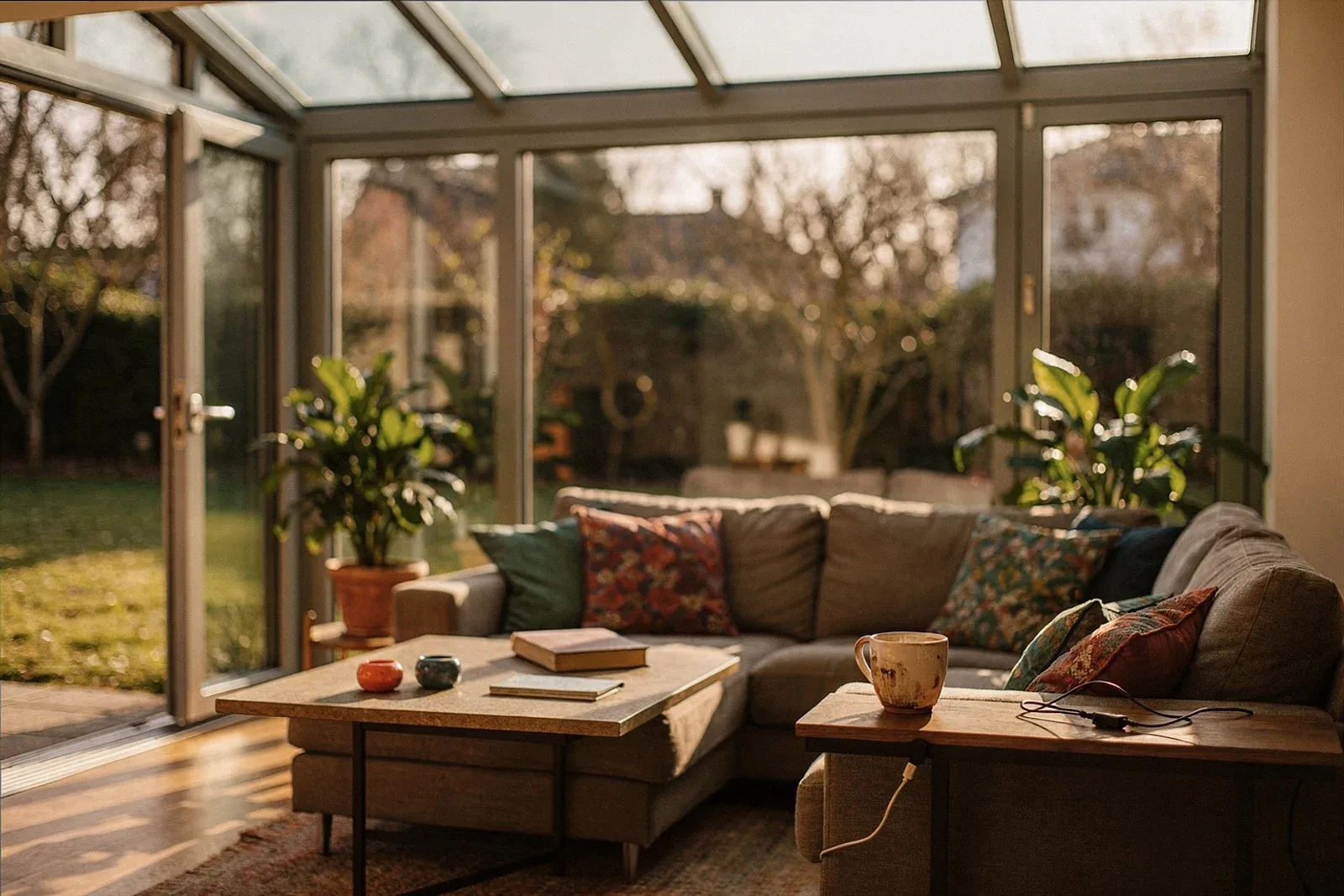 Wohnwintergarten in Kassel mit Plissee unter dem Glasdach